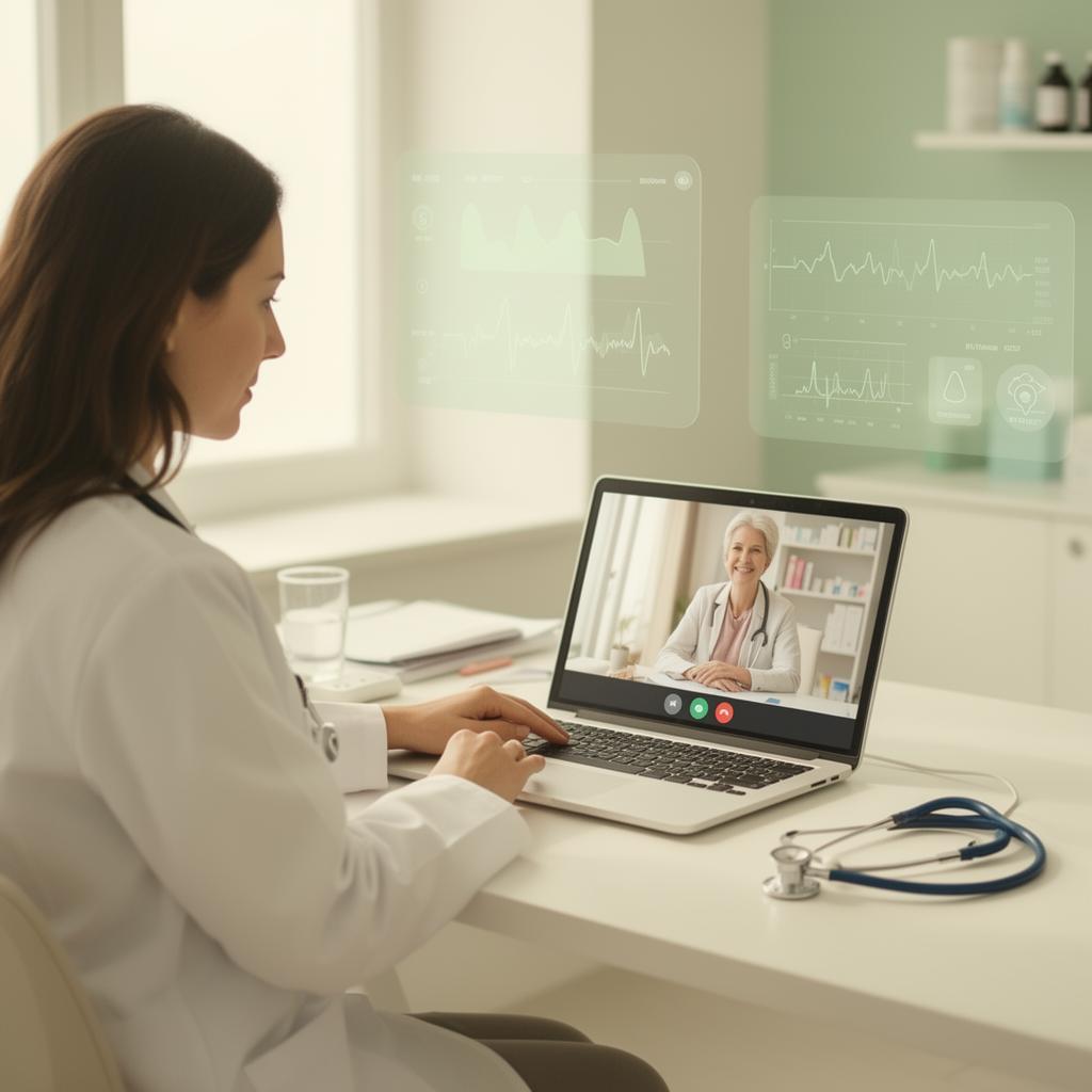 Profissional de saúde em teleconsulta com paciente, unindo tecnologia e cuidado personalizado