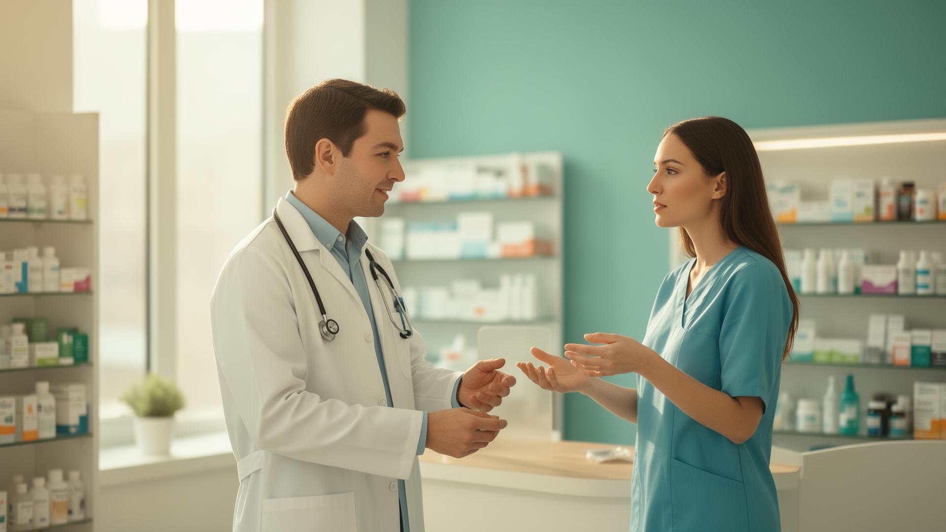 Profissional de saúde e farmacêutica colaborando